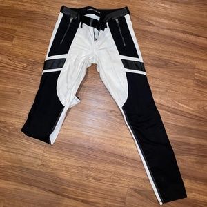White and Black Faux Leather Moto Jeans